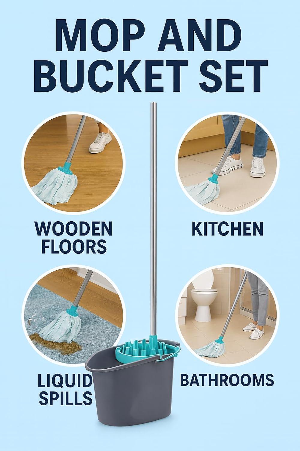 BH | Premium Quality Mop and Bucket Set | Heavy Duty | Mopping Stick and Bucket Cleaning Set | for Home, Kitchen, Patio Garden and Office Cleaning - By Best House