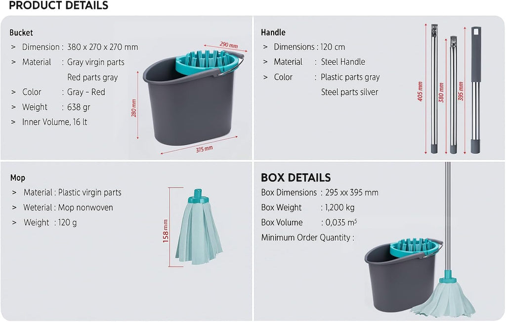 BH | Premium Quality Mop and Bucket Set | Heavy Duty | Mopping Stick and Bucket Cleaning Set | for Home, Kitchen, Patio Garden and Office Cleaning - By Best House