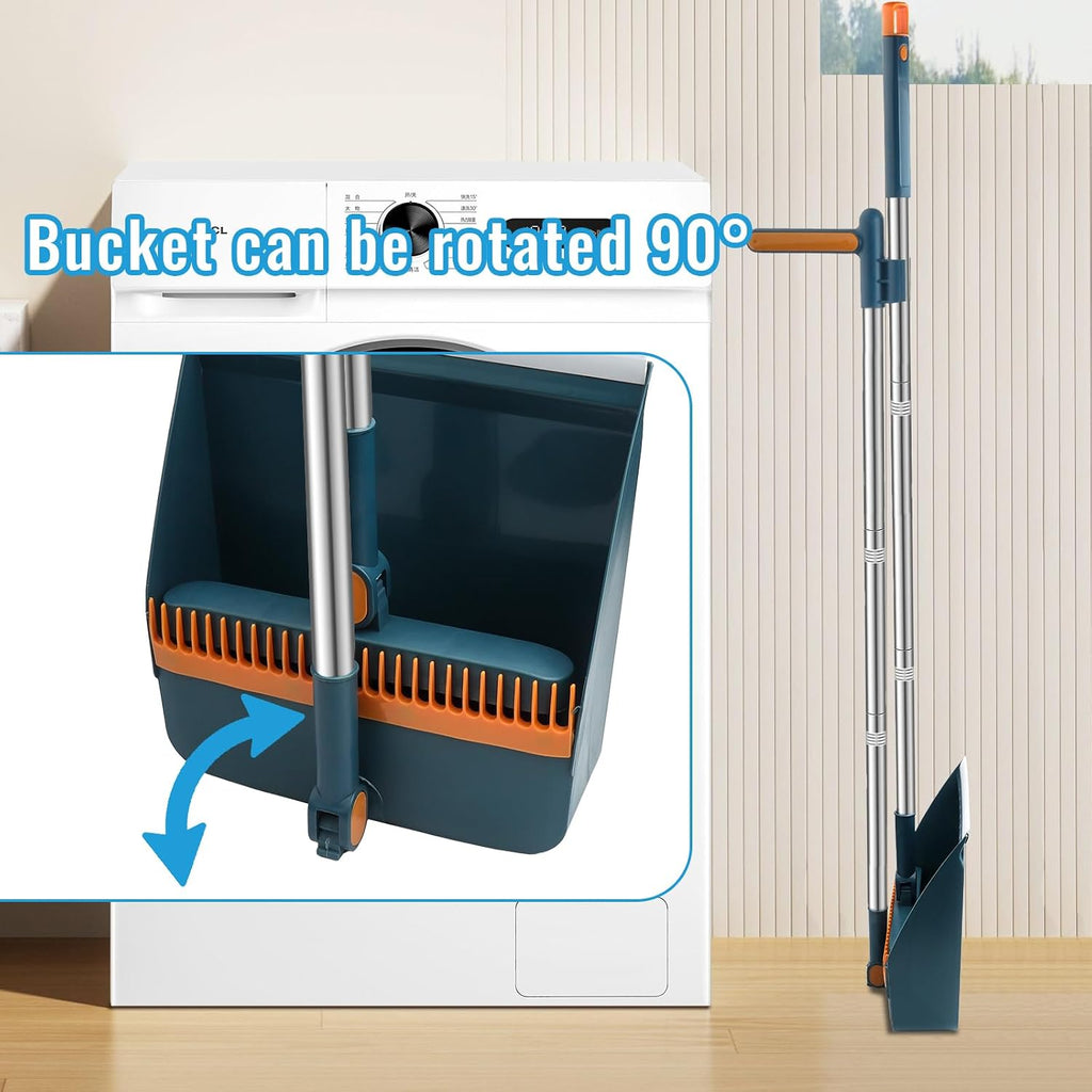 HPCORA Long Dustpan and Brush Set, Windproof Vertical Extension Pole Handle Rotatable Broom Set Dustpan Set (Blue)