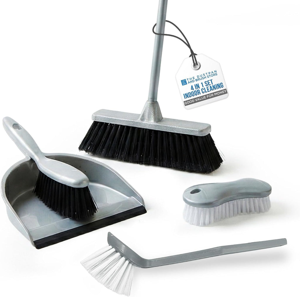House Cleaning Kit | 4-in-1 Broom and Dustpan Cleaning Set to Keep All Surface of Homes Tidy | Includes Soft Broom Indoor, Dustpan and Brush, Hand Scrubbing Brush, and Dish Brush