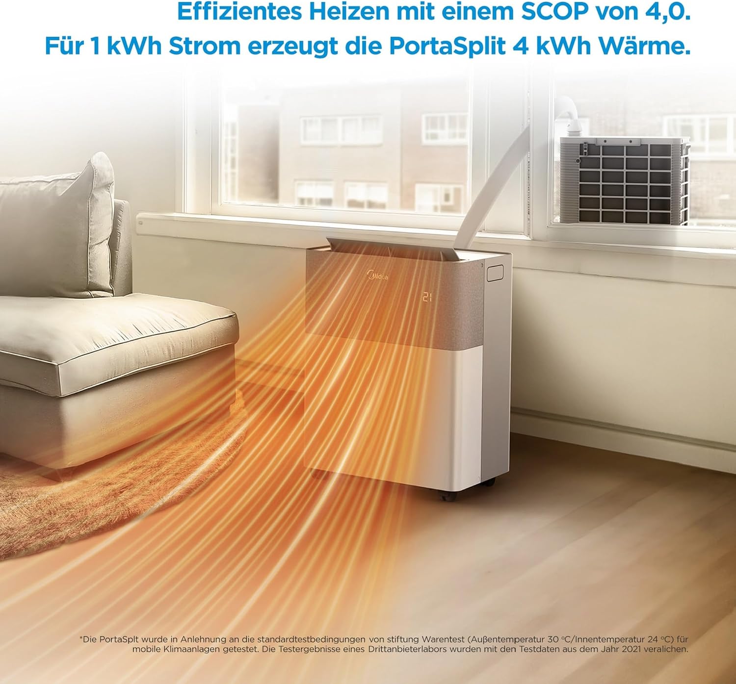 Midea Portasplit Air Conditioning, Mobile Heat Pump, Cooling A++/Heating A+, 12000 BTU 3.5 kW, for Rooms up to 42 m² / 105 m³, Only 39 dB(A) in Silent Mode