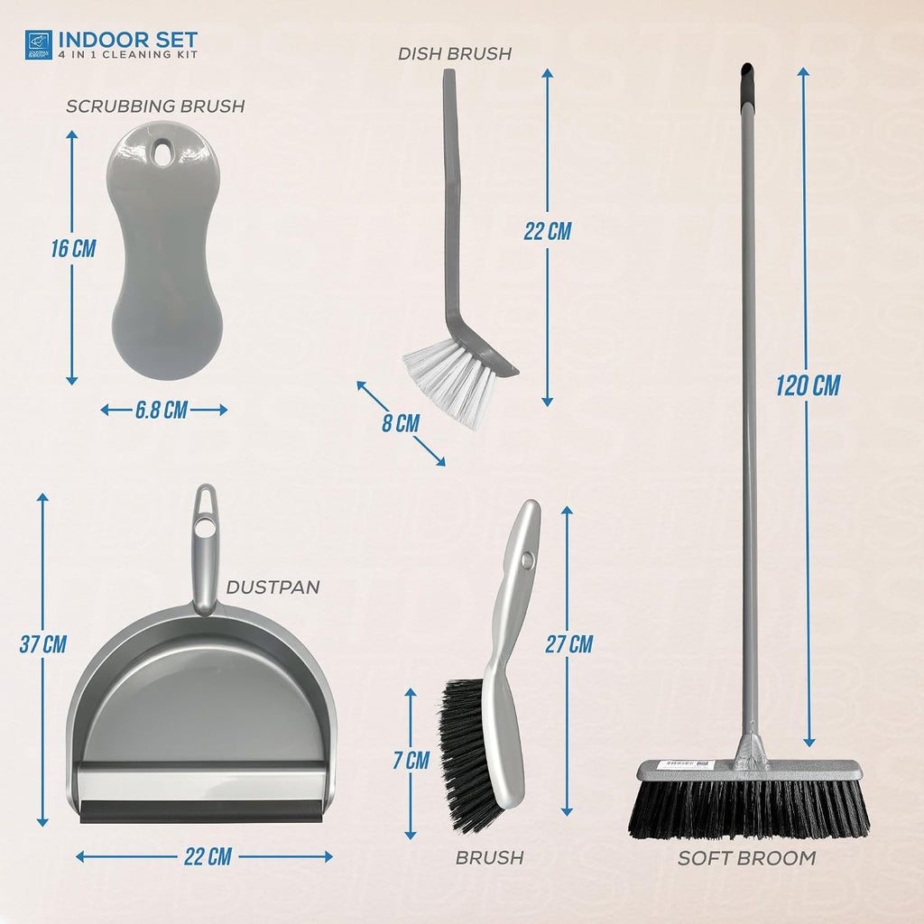 House Cleaning Kit | 4-in-1 Broom and Dustpan Cleaning Set to Keep All Surface of Homes Tidy | Includes Soft Broom Indoor, Dustpan and Brush, Hand Scrubbing Brush, and Dish Brush