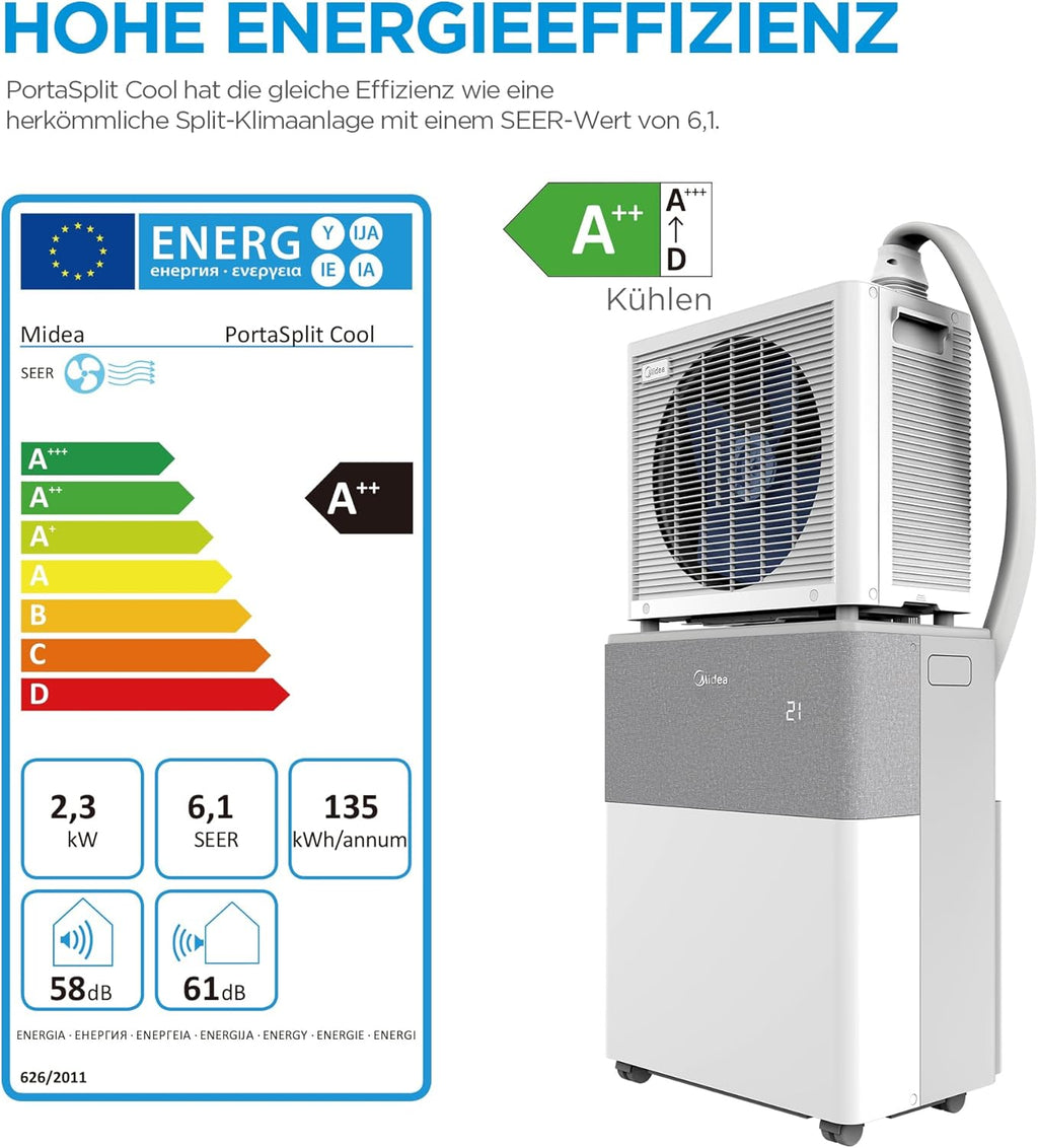 Midea Portasplit Cool Mobile Air Conditioner, Cooling Only, A++, 8000 BTU 2, 3 kW, for Rooms up to 28 m² / 70 m³, Only 38 dB(A) in Silent Mode