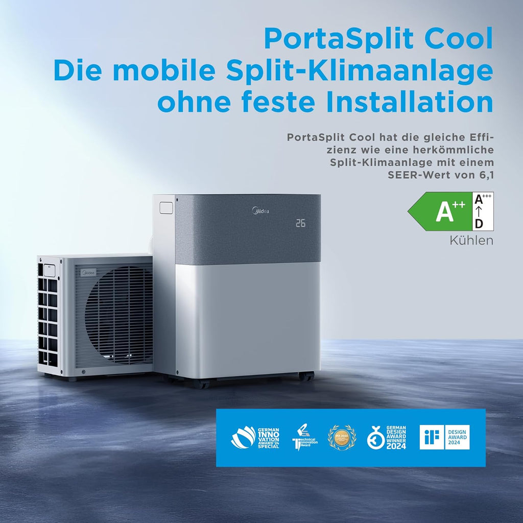 Midea Portasplit Cool Mobile Air Conditioner, Cooling Only, A++, 8000 BTU 2, 3 kW, for Rooms up to 28 m² / 70 m³, Only 38 dB(A) in Silent Mode
