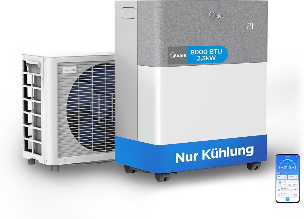 Midea Portasplit Cool Mobile Air Conditioner, Cooling Only, A++, 8000 BTU 2, 3 kW, for Rooms up to 28 m² / 70 m³, Only 38 dB(A) in Silent Mode