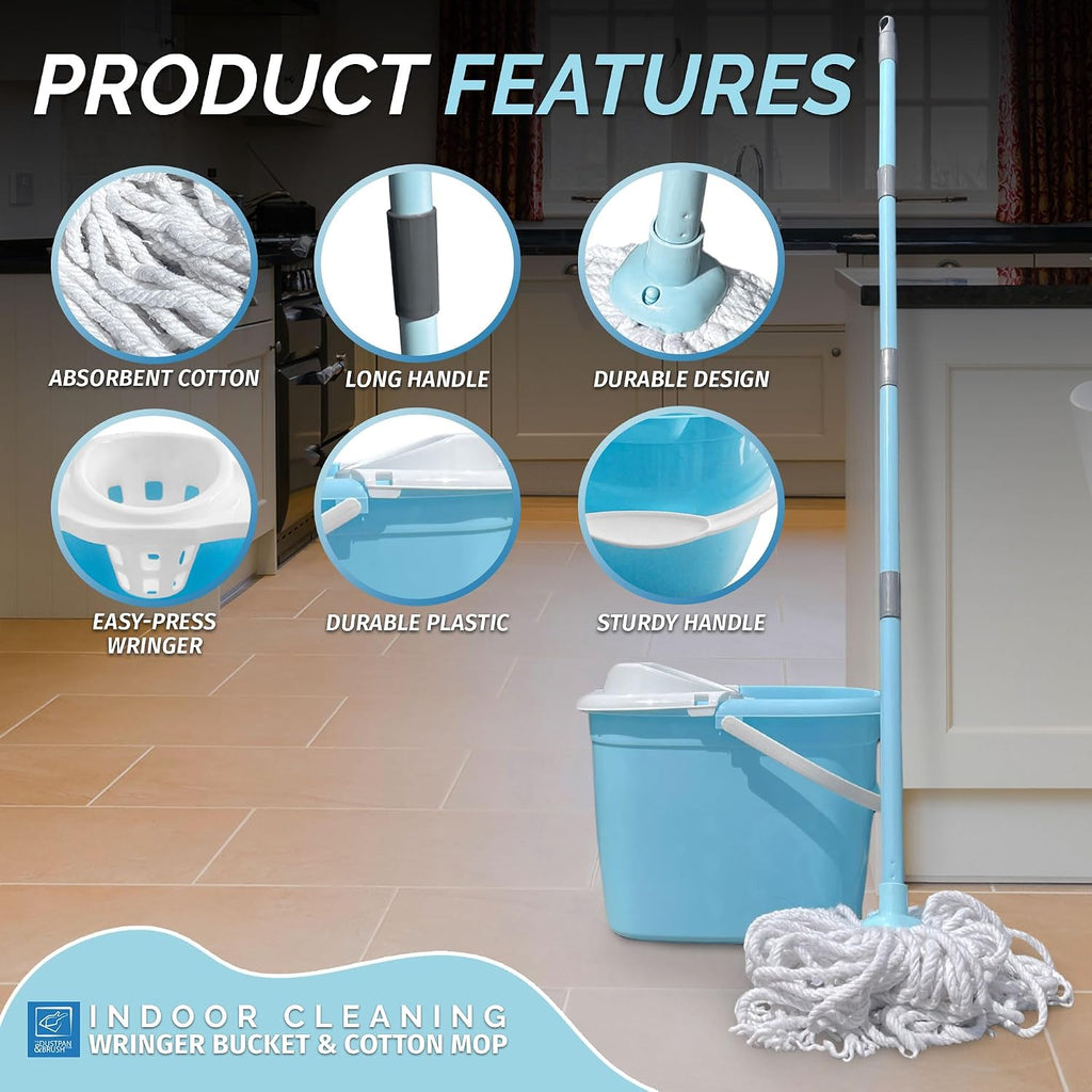 Floor Mop and Buckets Set Cotton String Mop & Bucket Set 13L Capacity Wringer, Cleaning Floors for Kitchen, Bathroom Home Cleaning - Duck Egg