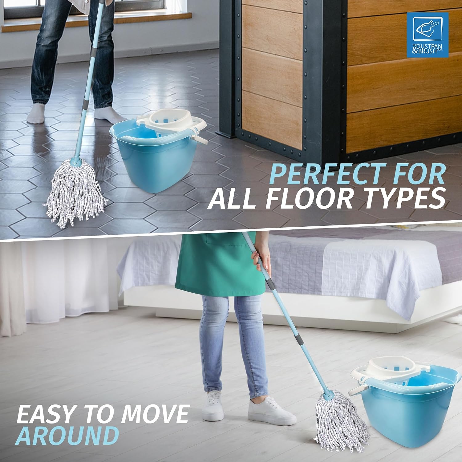 Floor Mop and Buckets Set Cotton String Mop & Bucket Set 13L Capacity Wringer, Cleaning Floors for Kitchen, Bathroom Home Cleaning - Duck Egg
