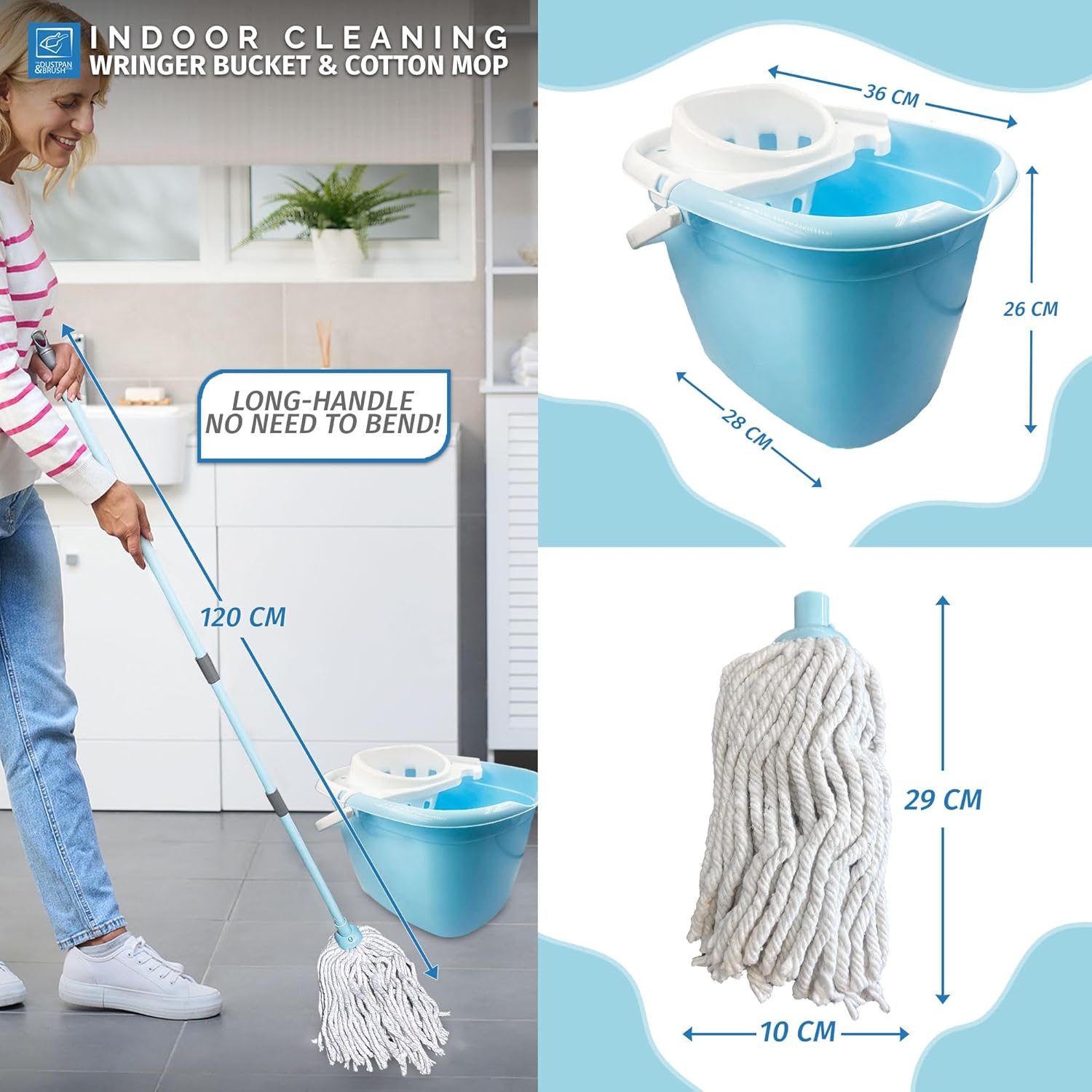 Floor Mop and Buckets Set Cotton String Mop & Bucket Set 13L Capacity Wringer, Cleaning Floors for Kitchen, Bathroom Home Cleaning - Duck Egg