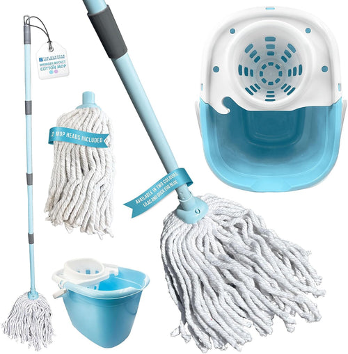Floor Mop and Buckets Set Cotton String Mop & Bucket Set 13L Capacity Wringer, Cleaning Floors for Kitchen, Bathroom Home Cleaning - Duck Egg