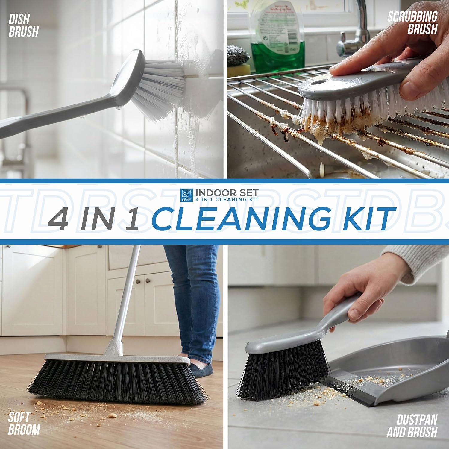 House Cleaning Kit | 4-in-1 Broom and Dustpan Cleaning Set to Keep All Surface of Homes Tidy | Includes Soft Broom Indoor, Dustpan and Brush, Hand Scrubbing Brush, and Dish Brush